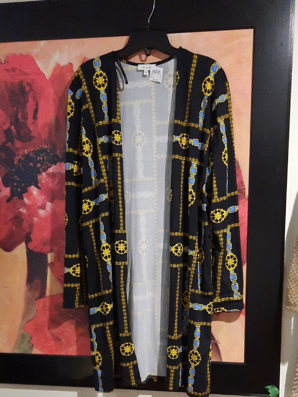 NWT XL Black Open-Front Longline Cardigan Cover Up W/ Yellow & Blue Chain Print